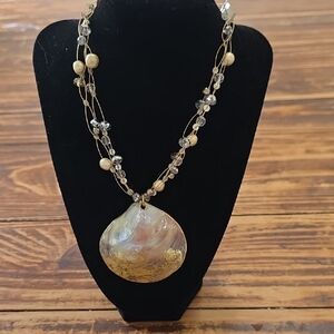 Handcrafted Iridescent Shell Pendant Necklace with Gold Accents - Women Jewelry